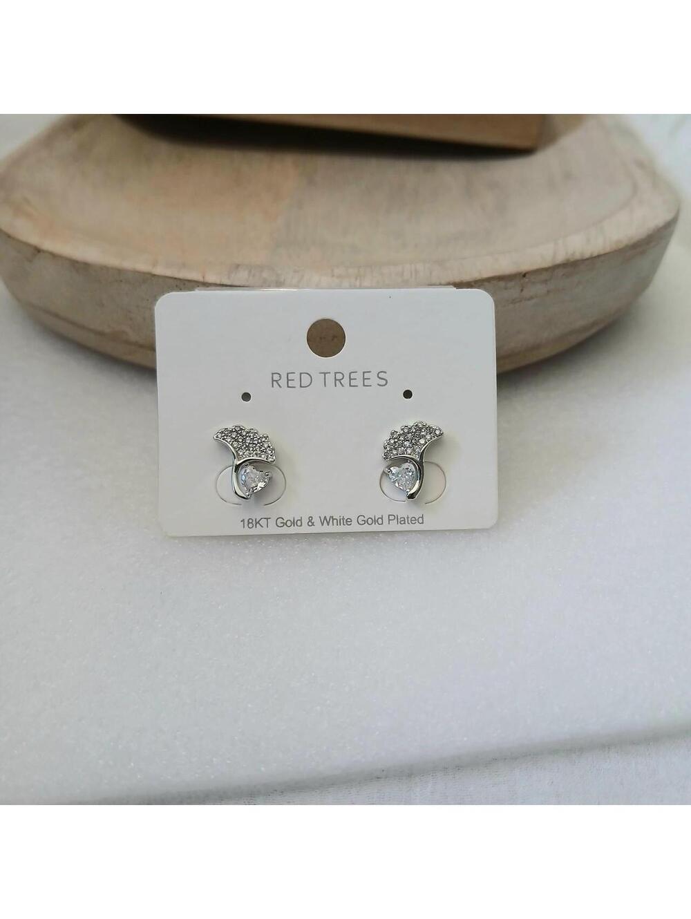 silver gold plated earrings with heart-shaped design and rhinestone accents